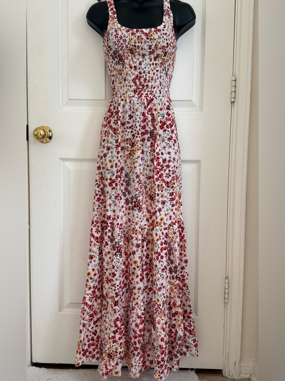 Smocked Bodice White Maxi Dress with Red Floral Print